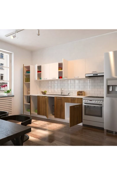Tdesigno Yaprak Hazır Mutfak Dolabı Kiler Dahil 320cm/ceviz Ve Beyaz/Tezgah Dahil Değil - Resim 3