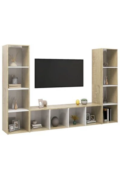 Tdesigno Televizyon Sehpası - Ünitesi -kitaplık-meşe Beyaz 180 cm 12 Raflı - 3