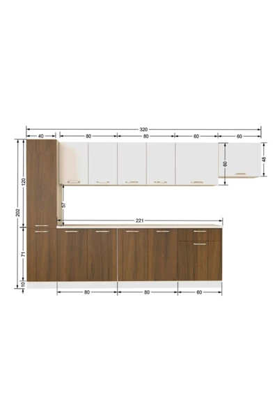 Tdesigno Yaprak Hazır Mutfak Dolabı Kiler Dahil 320cm/ceviz Ve Beyaz/Tezgah Dahil Değil - Resim 4