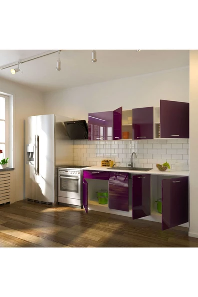 Tdesigno Rana Hazır Mutfak Dolabı 200 cm/parlak Mürdüm / Tezgah Dahil Değil - Resim 2