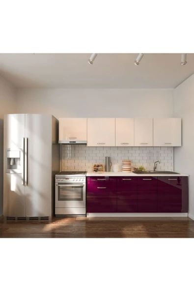 Tdesigno Nisan Hazır Mutfak Dolabı 260 Cm - Parlak Mürdüm Ve Beyaz - Tezgah Dahil Değil