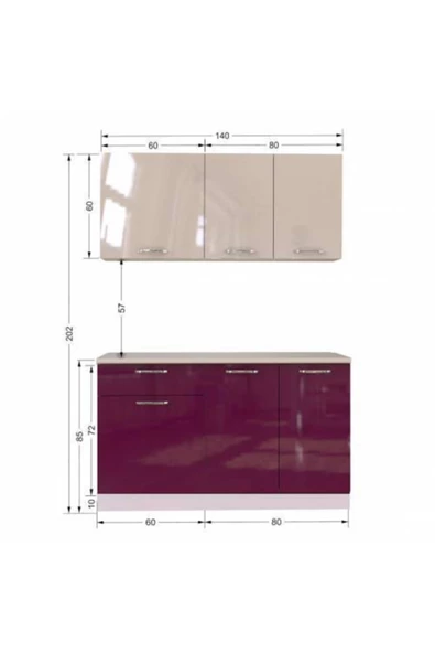 Tdesigno Hale Hazır Mutfak Dolabı – 140 Cm- Parlak Mürdüm Ve Beyaz – Tezgah Dahil Değil - 3