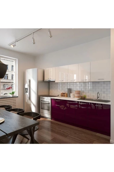 Tdesigno Nisan Hazır Mutfak Dolabı 260 Cm - Parlak Mürdüm Ve Beyaz - Tezgah Dahil Değil - Resim 2