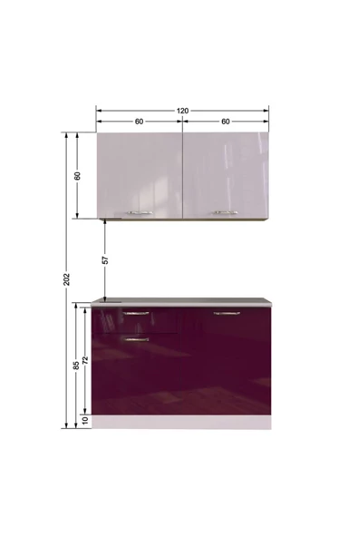 Tdesigno Anka Hazır Mutfak Dolabı 120 Cm - Parlak Mürdüm Ve Beyaz - Tezgah Dahil Değil - 4