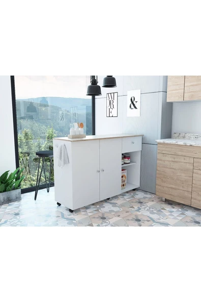 Tdesigno Alya Mutfak Adası Alt Modül 120 cm Beyaz Tezgah Dahil-Tekerlekli ürün görseli