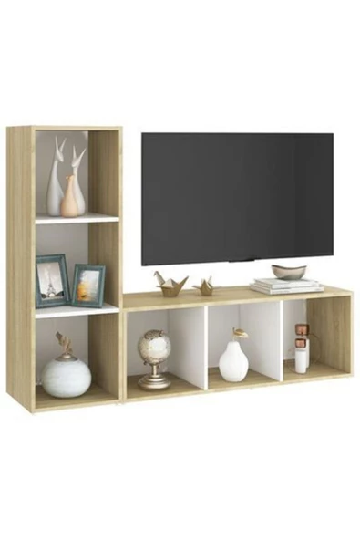 Tdesigno Tdesıgno Onur Kitaplıklı Televizyon Sehpası - Ünitesi -kitaplık-meşe Beyaz 120 Cm 6 Raflı - 2