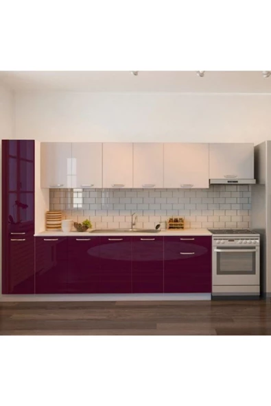 Tdesigno Verda Hazır Mutfak Dolabı Kiler Dahil 320cm parlak Mürdüm Beyaz / Tezgah Dahil Değil - 1