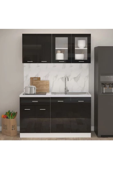 Tdesigno Efsun Mutfak 140 cm Tezgah Dahil Değil Parlak Kapak Siyah