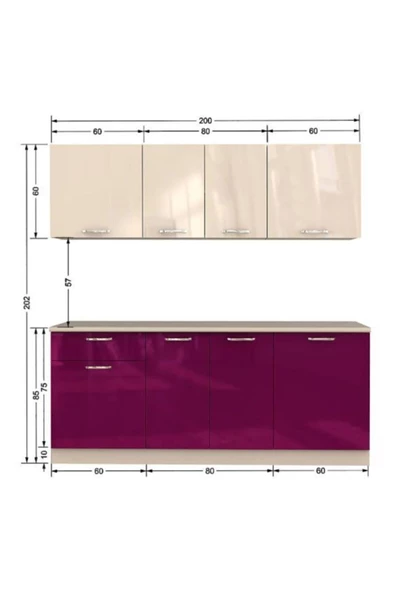 Tdesigno Selvi Hazır Mutfak Dolabı 200 cm Parlak Mürdüm Ve Beyaz Tezgah Dahil Değil - 3