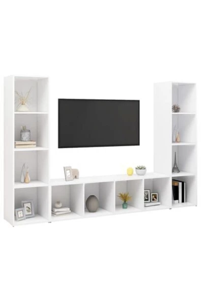 Tdesigno Tdesıgno Yigit Kitaplıklı Televizyon Sehpası - Ünitesi -kitaplık-beyaz 180 Cm 12 Raflı - 2