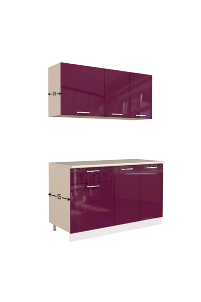 Tdesigno Eylül Hazır Mutfak Dolabı 140 Cm - Parlak Mürdüm- Tezgah Dahil Değil - Resim 3