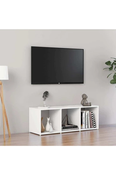 Tdesigno Kitaplık Televizyon Sehpası Ünitesi Beyaz 3 Raflı 30 cm - 2