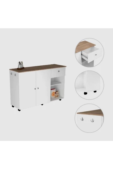 Tdesigno Alya Mutfak Adası Alt Modül 120 cm Beyaz Tezgah Dahil-Tekerlekli - Resim 2