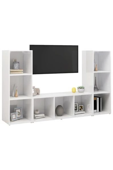 Tdesigno Nehir Kitaplıklı Televizyon Sehpası Ünitesi Kitaplık Beyaz 150 cm 9 Raflı - 2