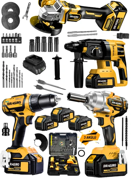 Dragro Alman 999 Vf 20 Ah 4 Lü set Akülü Şarjlı Vidalama Somun Sökme Taşlama Kırıcı Delici Set
