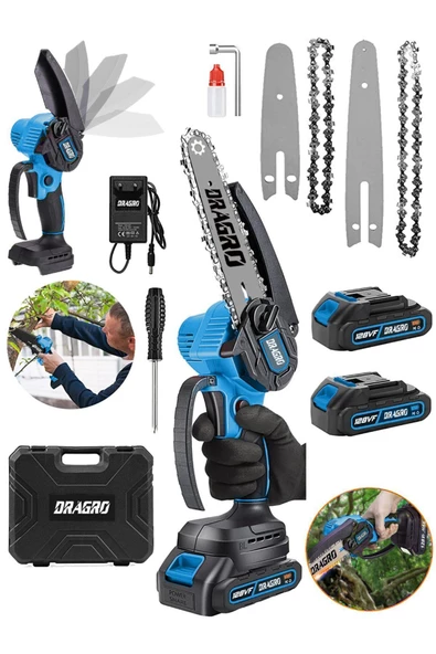 Dragro Alman Pro 598 Vf 20ah Akülü Dal Kesme Budama Testere Bıçkı Makinesi Çift Akülü 15 Cm Yedek Zincirli