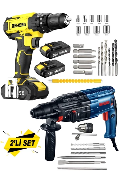 Dragro Alman EKO 2 Li Set 4200 W Kırıcı Delici Hilti 58 V Setli Şarjlı Matkap