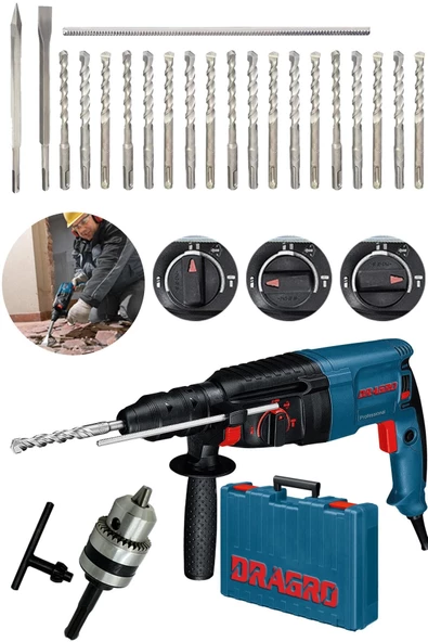 Dragro Alman Kırıcı Delici 4200 Watt Metal Dişli Şanzuman Darbeli Matkap + Yedek Mandren + 20 Uç - 2