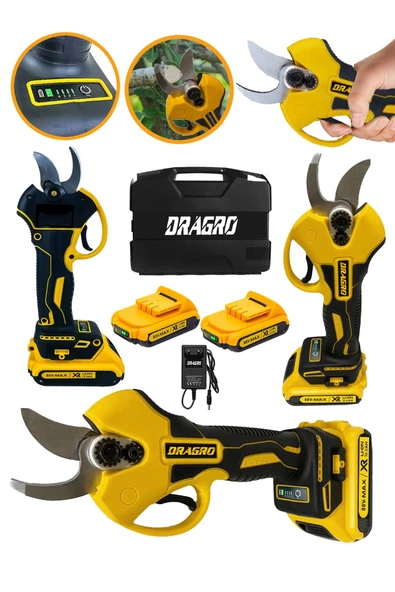 Dragro Pro 88v10 Ah Çift Akülü Yüksek Karbonlu Çelik Dijital Göstergeli Şarjlı Dal Budama Makası Sarı