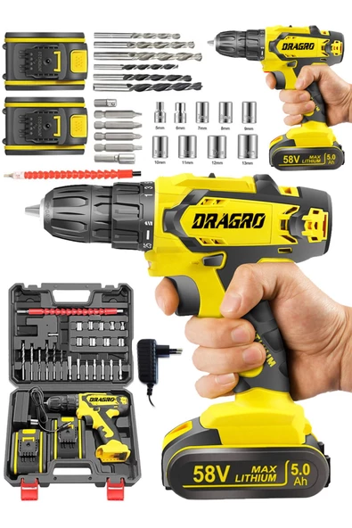 Dragro Alman 58 V 5 Ah Darbeli Bakır Sargılı Metal Şanzuman Şarjlı Çift Akülü Vidalama Matkap Sarı Fişli