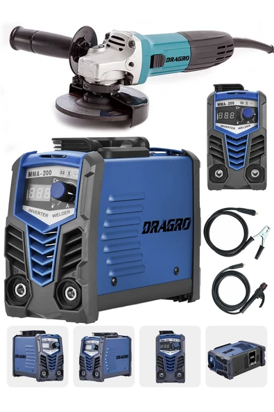 Dragro Germany Technology Çift Kartlı 200 Amper Invertör Kaynak Makinası-mavi-3000w Taşlama 2li Set