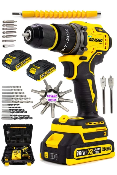 Dragro Alman Pro 799 Vf 30 Ah Darbeli Çelik Mandren Kömürsüz Motor  Çift Akülü Şarjlı Vidalama Matkap