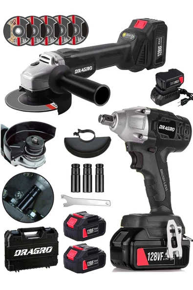 Dragro Alman 128 V Profesyonel 2'li Çelik Şanzuman Set Somun Sıkma Taşlama Makinesi 2 Akülü Kömürsüz Motor