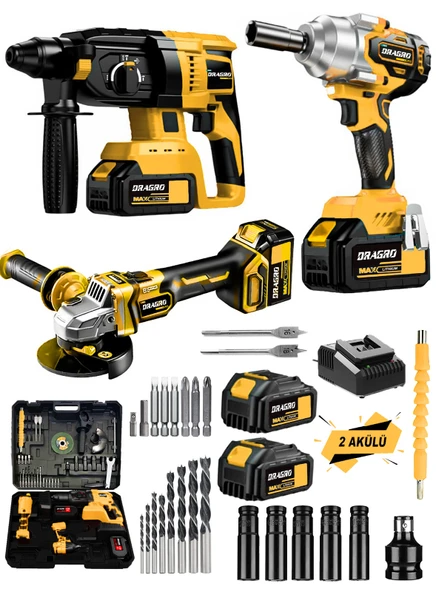 Dragro Germany Pro 128 V 3'lü Set Kırıcı Delici Somun Sıkma Taşlama Makinesi 2 Akülü Kömürsüz Full Set