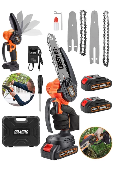 Dragro Alman Pro 598 Vf 20ah Akülü Dal Kesme Budama Testere Bıçkı Makinesi Çift Akülü 15 Cm Yedek Zincirli