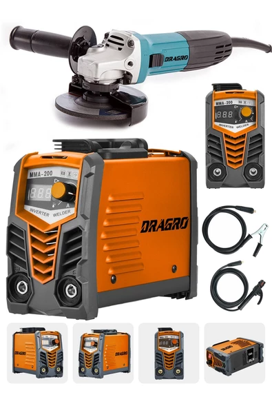 Dragro Germany Technology Çift Kartlı 200 Amper Invertör Kaynak Makinası-turuncu-3000w Taşlama +2li Set - 2