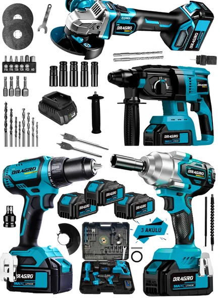 Dragro Alman 999 Vf 20 Ah 4 Lü set Akülü Şarjlı Vidalama Somun Sökme Taşlama Kırıcı Delici Set