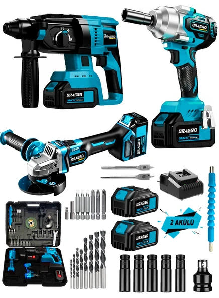 Dragro Germany Pro 128 V 3'lü Set Kırıcı Delici Somun Sıkma Taşlama Makinesi 2 Akülü Kömürsüz Full Set