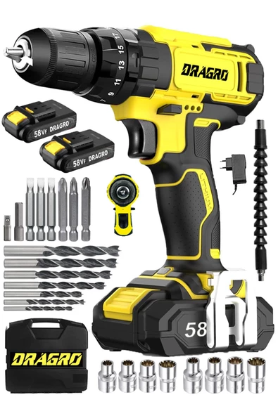 Dragro Alman 58 V 5 Ah Darbeli Bakır Sargılı Metal Şanzuman Şarjlı Çift Akülü Vidalama Matkap Drg 007