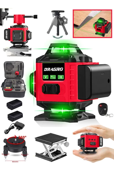 Dragro Alman 128 Vf 12 Köşe Otomatik Hizalama Lazer Metre 360 Derece Yatay Dikey Çapraz Kumandalı Çantalı
