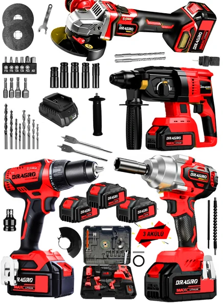 Dragro Alman 999 Vf 20 Ah 4 Lü set Akülü Şarjlı Vidalama Somun Sökme Taşlama Kırıcı Delici Set
