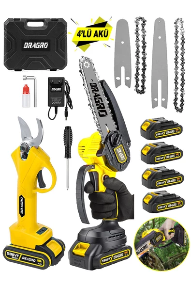 Dragro Alman Pro 598 Vf 20 Ah 2 Li Set 4 Akülü Çelik Şanzuman Şarjlı Dal Ağaç Kesme Bağ Budama Makası