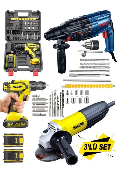 Dragro Alman Pro 3 Lü Set 3000 W Taşlama-4200 W Kırıcı Delici Hilti-58 V Setli Şarjlı Matkap