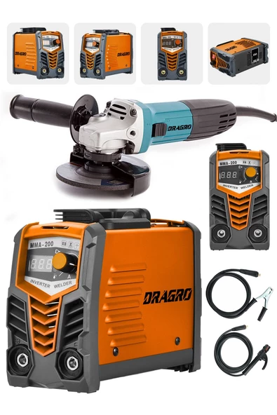 Dragro Germany Technology Çift Kartlı 200 Amper Invertör Kaynak Makinası-turuncu-3000w Taşlama +2li Set