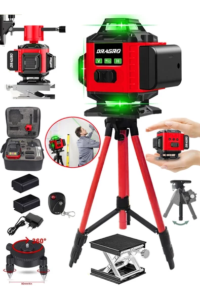 Dragro Alman 128 Vf Tripodlu 12 Köşe Otomatik Hizalama Lazer Metre 360 Derece Yatay Dikey Çapraz Kumandalı