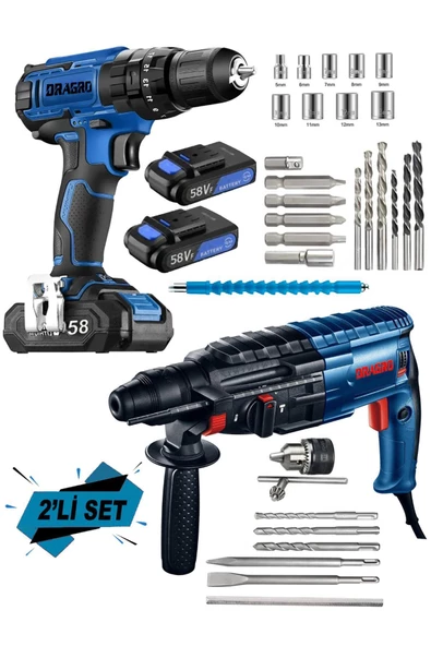 Dragro Alman  EKO 2 Li Set 4200 W Kırıcı Delici Hilti 58V5AH Şarjlı Matkap