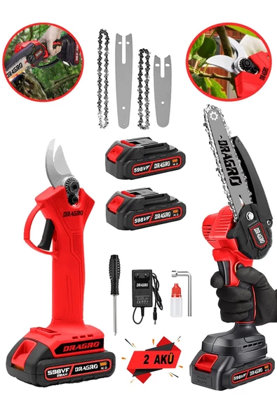 Dragro Germany Pro 2 Li Set 598 Vf 10 Ah Çift Akülü Çelik Şanzuman Şarjlı Dal Ağaç Kesme Bağ Budama Makası