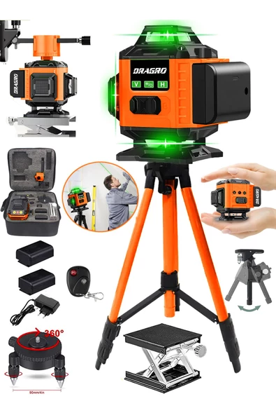 Dragro Alman 128 Vf Tripodlu 12 Köşe Otomatik Hizalama Lazer Metre 360 Derece Yatay Dikey Çapraz Kumandalı