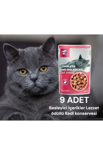 vet advice Miss Kis Premium Pouch Sığırlı Kedi Konservesi 9 ADET 100 gr Yaş Mama - Resim 3