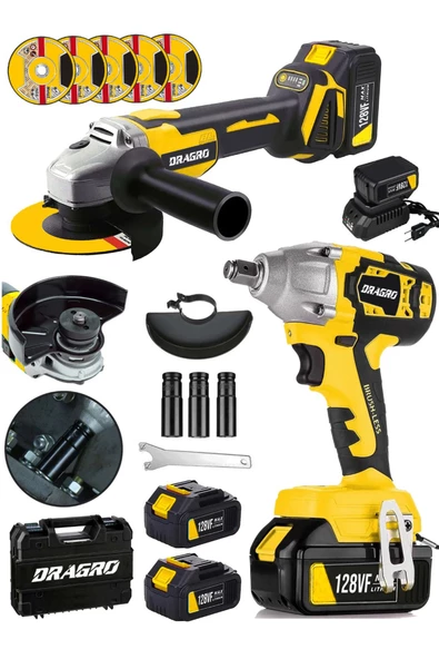 Dragro Alman 128 V Profesyonel 2'li Çelik Şanzuman Set Somun Sıkma Taşlama Makinesi 2 Akülü Kömürsüz Motor