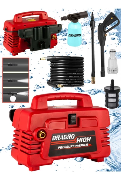 Dragro Alman Pro Yüksek Basınçlı 180 Bar Musluk Ve Kovadan Su Çekme Bahçe Oto Yıkama Makinesi Red