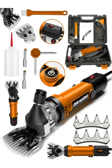 Dragro Alman 4200 W Devir Ayarli Bakir Sargili Çelik Şanzuman Koyun Keçi Kirkma Makinesi + 2 Üst Bıçak