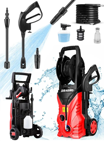 Dragro Alman Pro Yüksek Basınçlı 180 Bar Musluk Ve Kovadan Su Çekme Bahçe Oto Yıkama Makinesi Red
