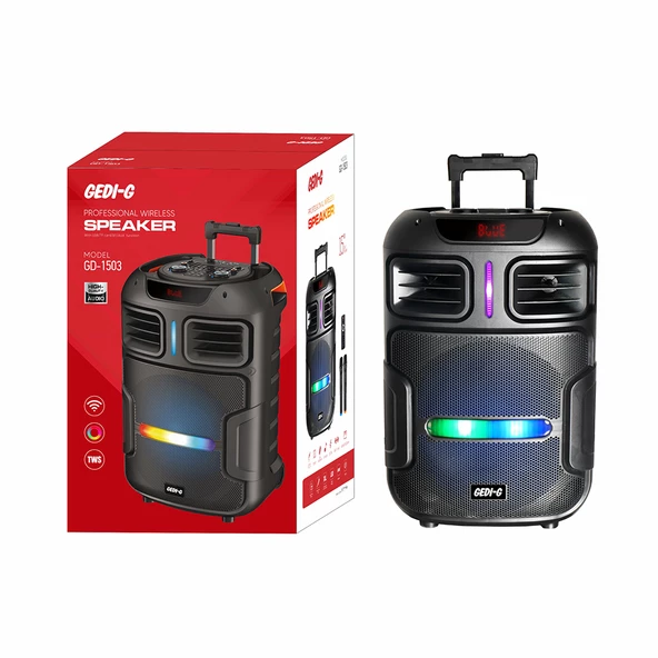 2 Kablosuz Mikrofonlu FM RGB TWS Çift 15inç Karaoke Bluetooth Bavul Taşınabilir Hoparlör GD-1503 - 3