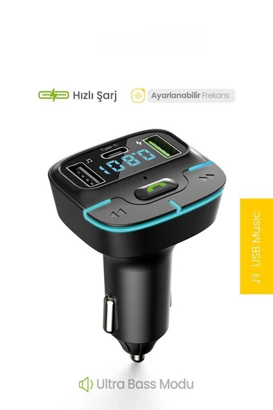 PDAteknoloj F9 Araç Fm Transmitter 5.3 Bluetooth Araç Kiti Usb Type-C Hızlı Şarj Çıkışlı Çakmaklık Girişli - 2