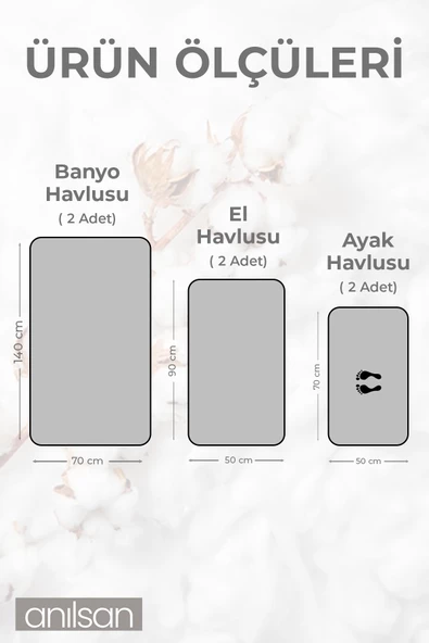 6'lı Gri Havlu Set - 2 Adet El Havlusu 50x90, 2 Adet Banyo Havlusu 70x140, 2 Adet Ayak Havlusu 50x70 - 2